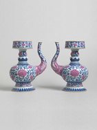 Pair of Underglaze Blue and Pink-enamelled Porcelain Ewers