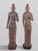 View Pair of wood figures of standing Bodhisattvas
